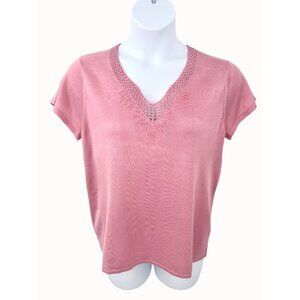 DUSTY PINK REQUIREMENTS V-NECK SHORT SLV CROCHET BEADED SWEATER TOP - XL